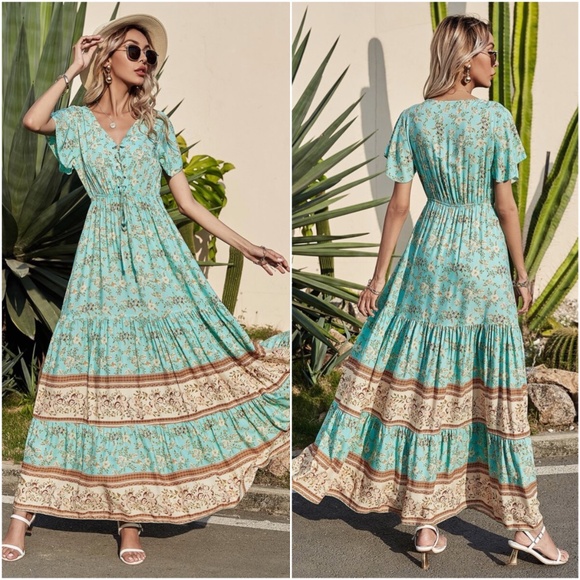 Floral print v neck lace up ruffle hem maxi dress - Picture 3 of 7